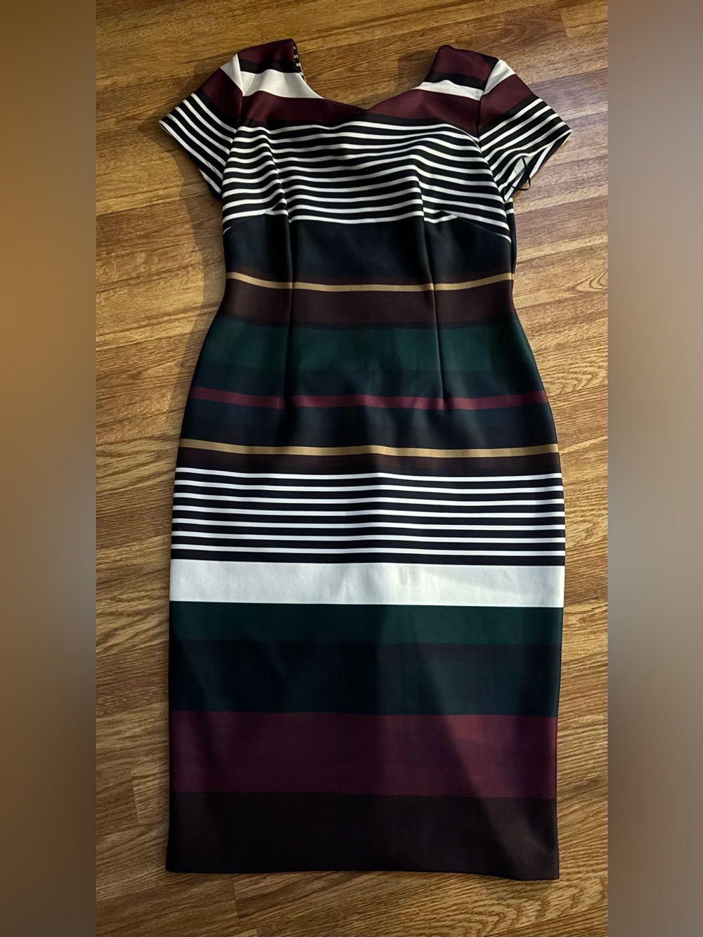 Gabby Skye Striped Midi Sheath Dress in Black, White, Forest Green & Burgundy